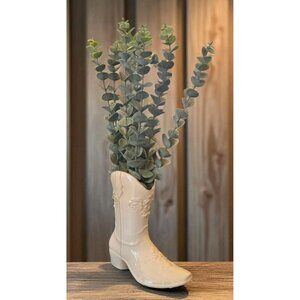 New ARTIFICIAL Eucalypytus Plant in White Ceramic Cowboy Cowgirl Boot Room Decor
